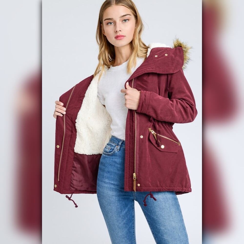 A232 • Wine Faux Fur Hooded Sherpa-Lined Utility Parka Jacket - Picture 2 of 6